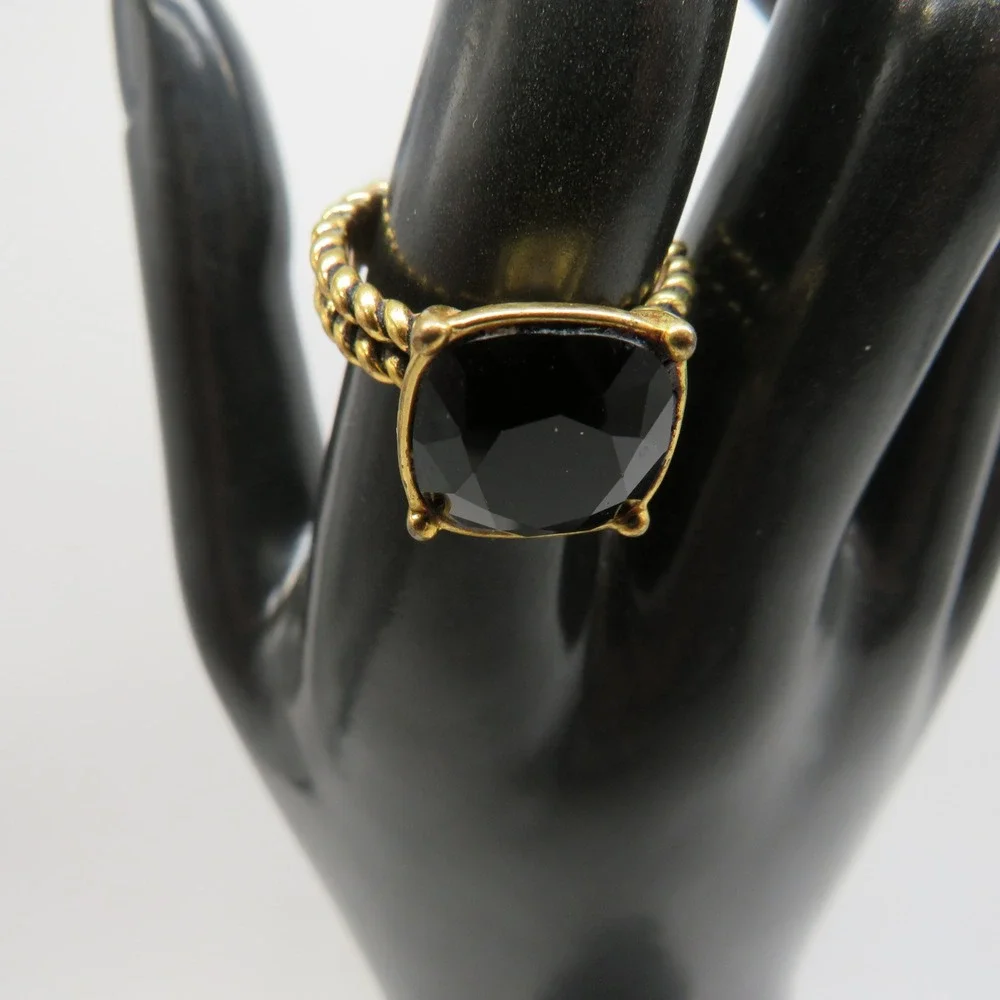 Gold Tone Cushion Cut Black Crystal Twisted Rope Band Statement Ring Size 8
